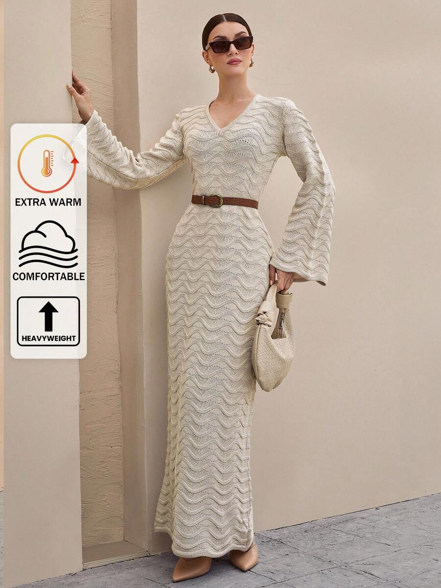 CLARA VERO Women Solid Color Irregular Stripe Deep V-Neck Flair Sleeve Maxi Sweater Dress  Beige Knit Maxi Dress,Petite - Beige - View 1