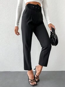 EURMUSE Cotton High Waist Belted Cropped Suit Pants - Black - View 3