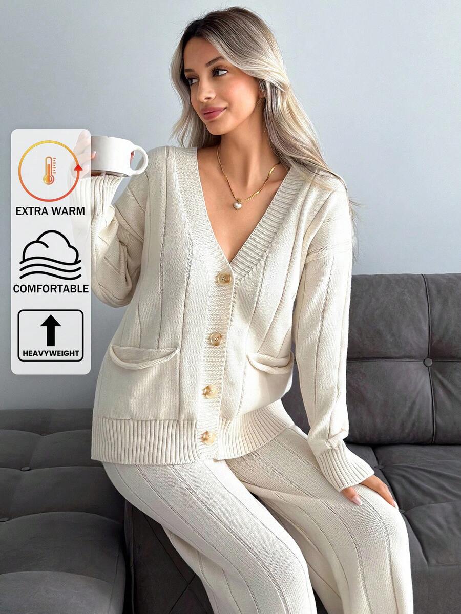 EURMUSE Two Pieces Knitwear Cardigan With Pocket And Pant Fall Winter Set - Apricot - View 1