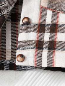 青少年女孩格子拼布长袖连衣裙和立领夹克套装 - 棕色 - 查看 4