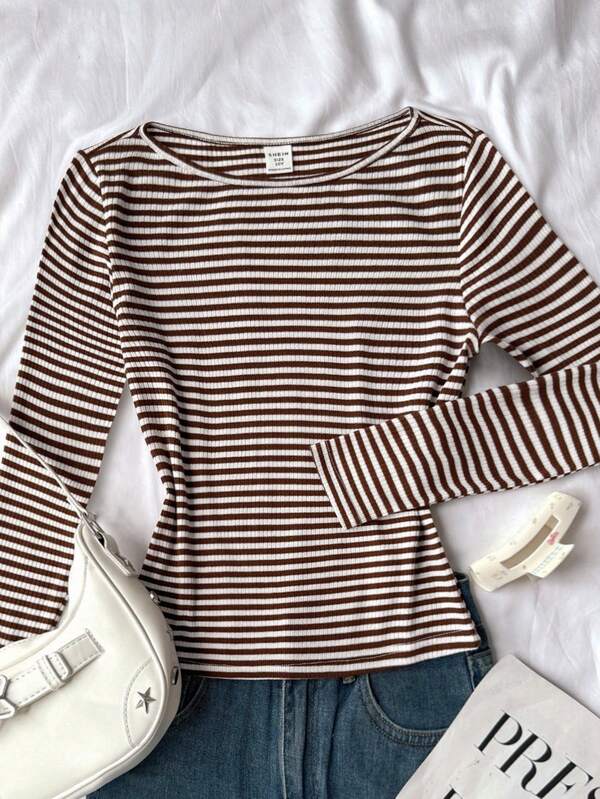 Tween Girl Ribbed Crew Neck Long Sleeve Casual Ribbed T-Shirt