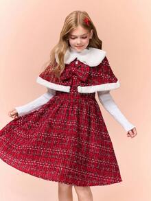 Girls' Christmas Wine Red Flared Dress With Bowknot Cape Jacket, Winter - Burgundy - View 4