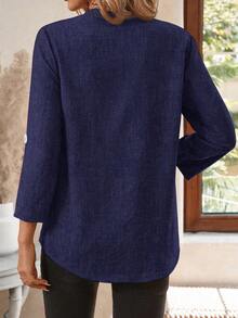 SHEIN LUNE 女式春季印花缺口领 3/4 袖衬衫、工作衬衫 - 藏蓝色 - 查看 2