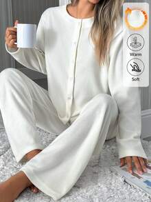 EURMUSE Minimalist Button Front Loungewear Pajama Set – Soft Two Pieces Long Sleeve Top & Wide Leg Pants In Solid White - Beige - View 1