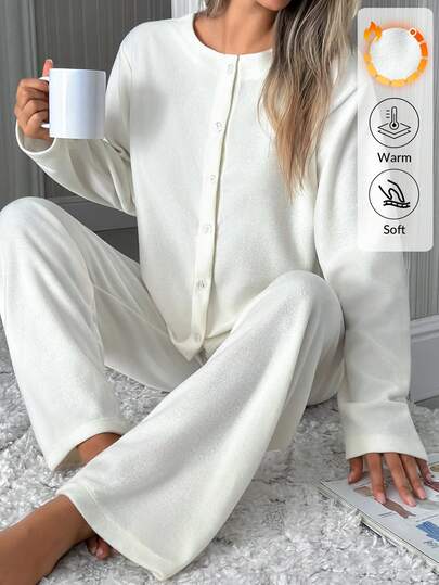 EURMUSE Minimalist Button Front Loungewear Pajama Set – Soft Two Pieces Long Sleeve Top & Wide Leg Pants In Solid White