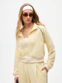 Eassivo Eassivo 女士休闲撞色滚边插肩袖拉链卫衣 - Butter Yellow - 查看 1