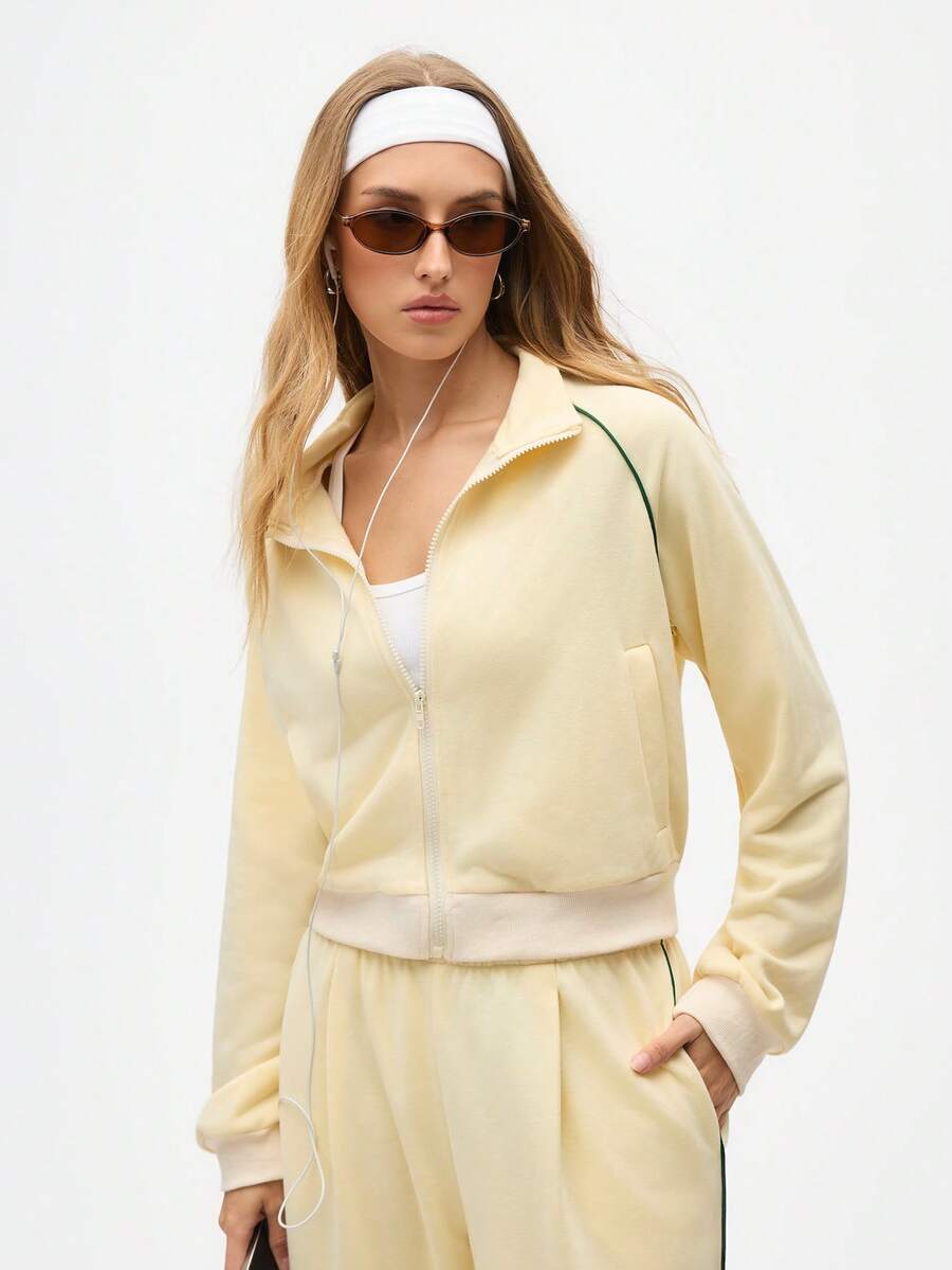 Eassivo Eassivo 女士休闲撞色滚边插肩袖拉链卫衣 - Butter Yellow - 查看 1