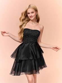 少女露肩闪光连衣裙，黑色网眼拼布蛋糕裙，万圣节服装连衣裙 - 黑色 - 查看 4