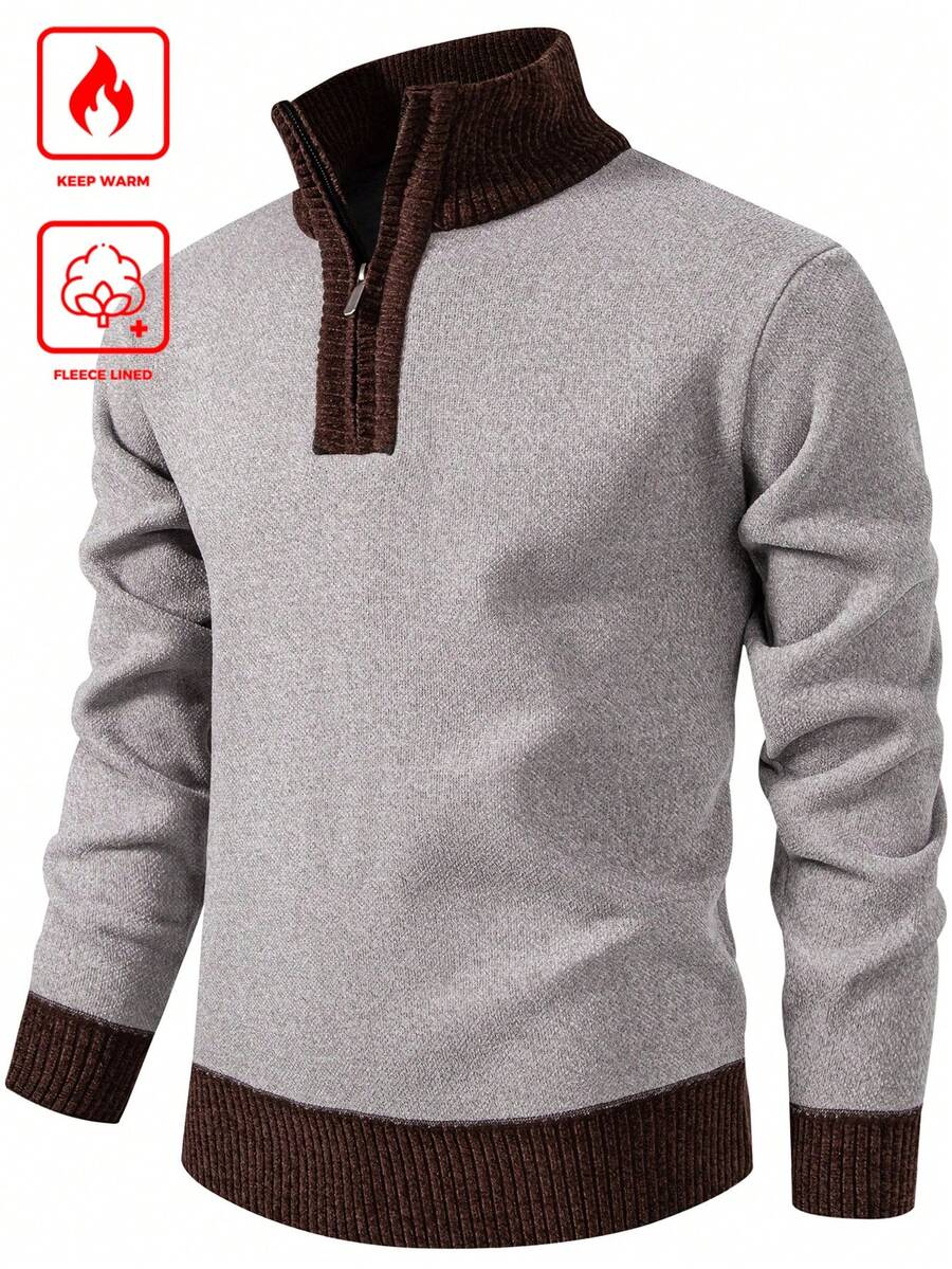 Manfinity Mode 男士保暖内衬撞色拼接长袖半拉链休闲针织衫，保暖内衬，适合秋冬季穿着。 - 紅色 - 查看 1