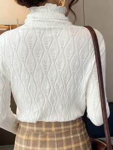 INAWLY Damen einfarbiger Rollkragen Langarm modischer Hohlstrick Lässig Pullover Sweater