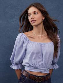 WESTFADE 纹理针织方领泡泡袖后背蝴蝶结短款上衣秋季、秋季、冬季、休闲可爱波西米亚风、女士西部服饰、乡村音乐会 - 紫色 - 查看 4