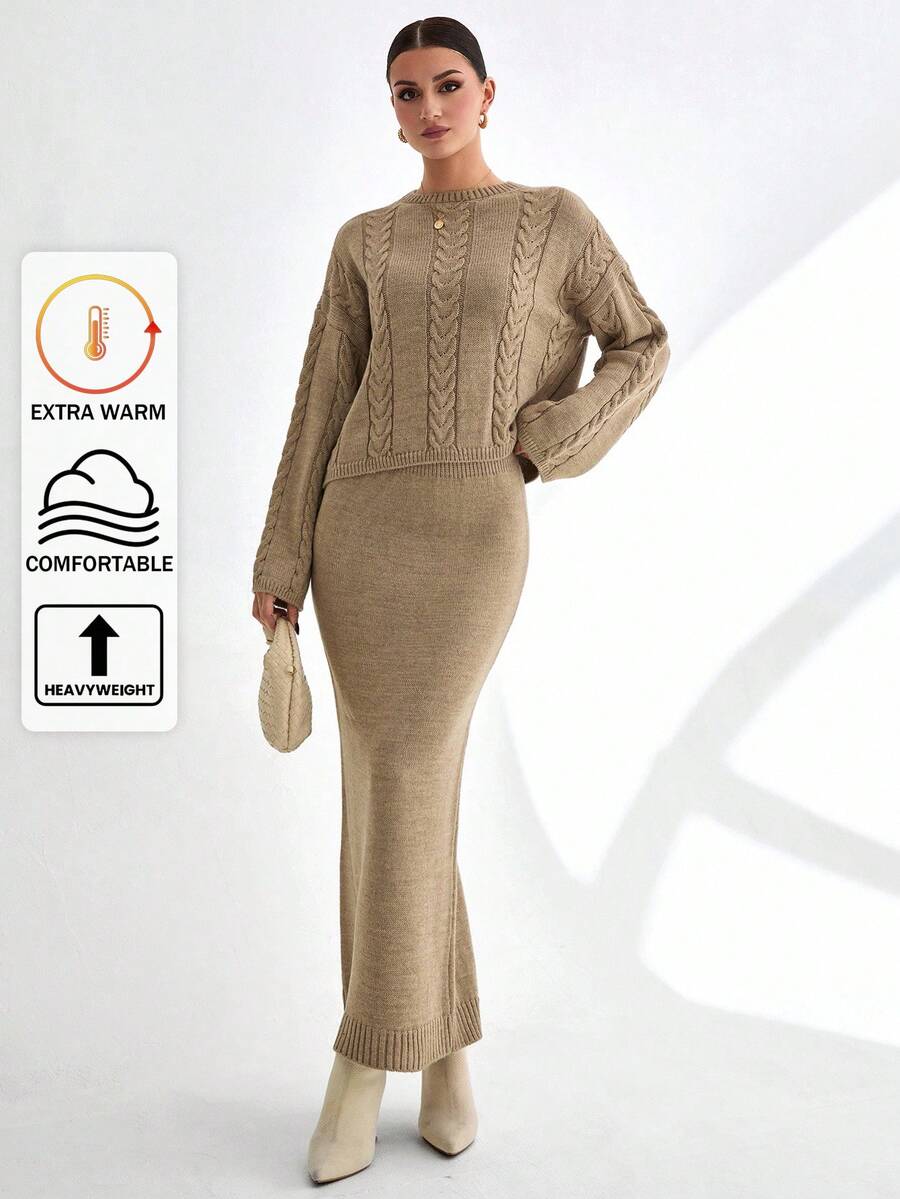 CLARA VERO Women Cable Knit Textured Pattern Pullover Sweater And Maxi Skirt Knit Two Piece Set,Co Ord,Winter Clothes - Cream - View 1