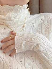 INAWLY Damen einfarbiger Rollkragen Langarm modischer Hohlstrick Lässig Pullover Sweater