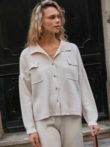 EURMUSE Relaxed Fit Button-Up Knit Lounge Set With Pocket Detail And Wide-Leg Pants,Co Ords Sets Women,Petite Co Ord,Co Ord,Petite,Winter Clothes - Beige - View 4