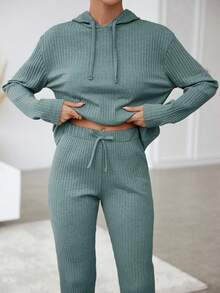 Conjunto De Camiseta Con Capucha Y Pantalón Con Cordón Para Mujer