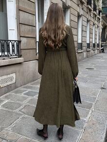 SHEIN PariChic Váy mùa đông sọc xanh ô liu Qianqian Leaf - xanh quân đội - Xem 2