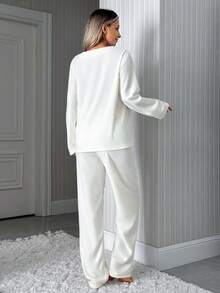 EURMUSE Minimalist Button Front Loungewear Pajama Set – Soft Two Pieces Long Sleeve Top & Wide Leg Pants In Solid White - Beige - View 2