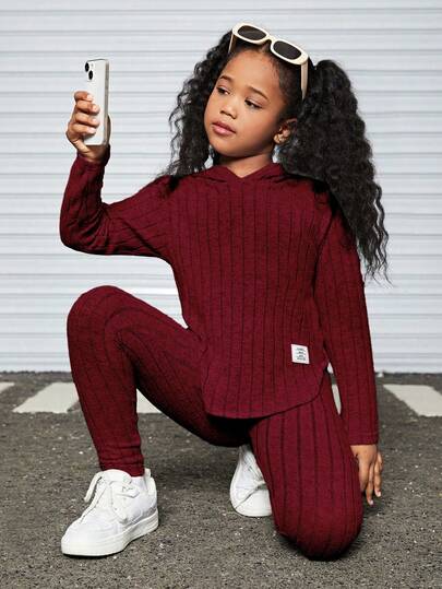 Slogan Patched Drop Shoulder Hooded Tee & Leggings