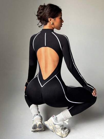 Dewbera Mono de entrenamiento sin costuras de alta elasticidad, conjunto de fitness con manga larga y pantalón largo, cierre con cremallera