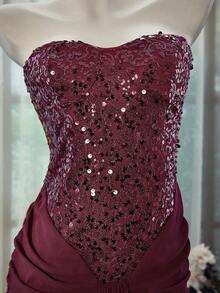 Glisette 女式亮片拼布荷叶边露肩长裙 - 玫瑰紅 - 查看 3