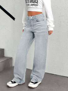 SHEIN Cottnline Low Waist Back Jacron Detailed Wideleg Jean - Baby Blue - View 4