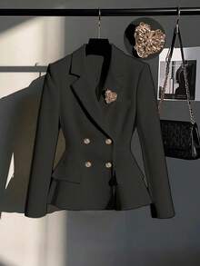 Franclia Blazer de manga larga con cinturón de unicolor elegante para mujer, otoño/invierno - Negro - Ver 1