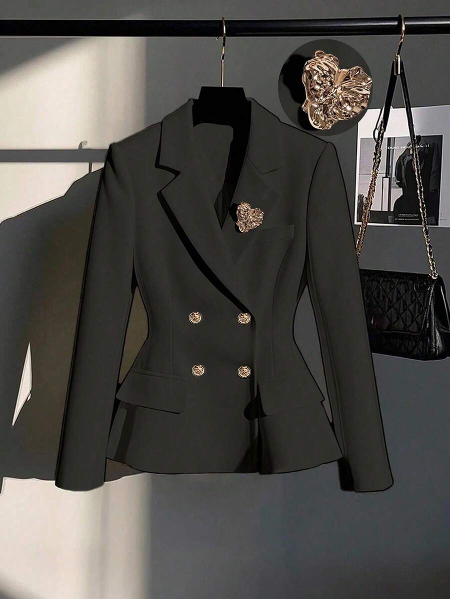 Franclia Blazer de manga larga con cinturón de unicolor elegante para mujer, otoño/invierno - Negro - Ver 1