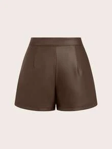 Franclia Quần short lưng bất đối xứng màu trơn dành cho nữ, thích hợp khi đi làm - Màu nâu Sô-cô-la - Xem 3
