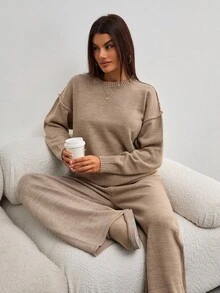 EURMUSE Women Round Neck Rib Knitted Sweater And Sweater Pant 2pcs Sets Co-Ord Knit Two Piece Set Two Piece Set Women Comfortable Two Piece Set Beige Two Piece Set Two Piece Lounge Set,Winter Clothes - Grey - View 8