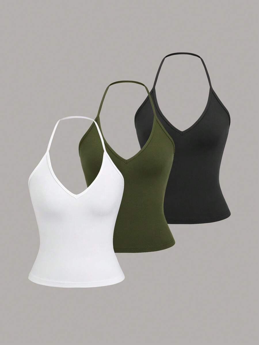 Sweetra 3pcs Women Solid Color Halter Neck Camisole Set - Multicolor - View 1
