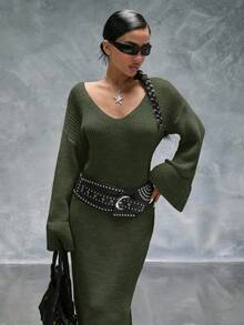 EURMUSE Casual Deep V Neck Solid Color Plain Pattern Drop Shoulder Double Cuff Oversize Fit Cozy Maxi Knitted Dress For Winter Daily Styles - Army Green - View 6