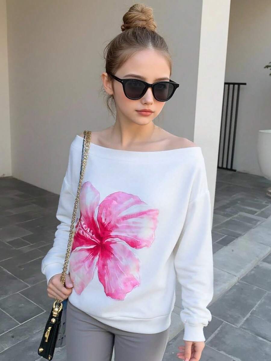 Áo nỉ lót nhiệt dáng rộng vai chéo cho bé gái mùa thu/đông, màu trắng trơn in hoa, trở lại trường - trắng - Xem 1