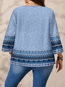 EMERY ROSE Áo sơ mi tay 3/4 cổ tròn in họa tiết toàn thân cỡ lớn dành cho nữ, mùa thu/đông - Màu xanh lam - Xem 4