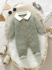 SHEIN 新生儿婴儿蓝色彼得潘领毛衣连体裤，绅士风小翻领连体裤，休闲简约 - 綠色 - 查看 3