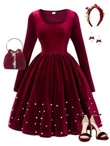 Girls' Vintage Elegant Velvet Scoop Neck Long Sleeve Dress, Fashion Beaded Hem Decoration, Autumn/Winter Christmas Outfits Elegant Long Sleeve Dress Christmas Dress Velvet Dress Vintage Girls Dress  Princess  Halloween/Christmas Party Dresses For  Vacation  Autumn And Winter