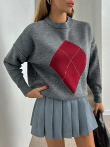 EURMUSE Argyle Pattern Oversized Knit Sweater - Casual Winter Wear,Jumper,Cream Jumper,Jumpers For Women,Jumpers,Black Jumper,Womens Jumper,White Jumper,Women's Jumper,Women's Jumpers - Grey - View 7