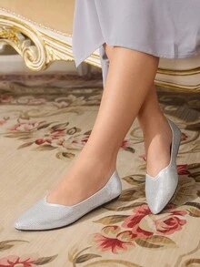 CUCCOO TILAWA Fashionable Pointed Toe Slip-On Silver Rhinestone Embellished Luxury Women Flat Shoes, Comfortable Everyday Wear - Silver - View 9