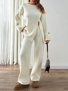 EURMUSE 2-Piece Fashionable Women Set, Loose Fit Knit Sweater With Split Design And High-Waist Wide Leg Pants, Autumn/Winter Womens Suit Set Cream Outfit Women White Knit Set White Two Piece Set Women Womens Pantsuit,Petite Co Ord,Co Ord,Petite - White - View 7