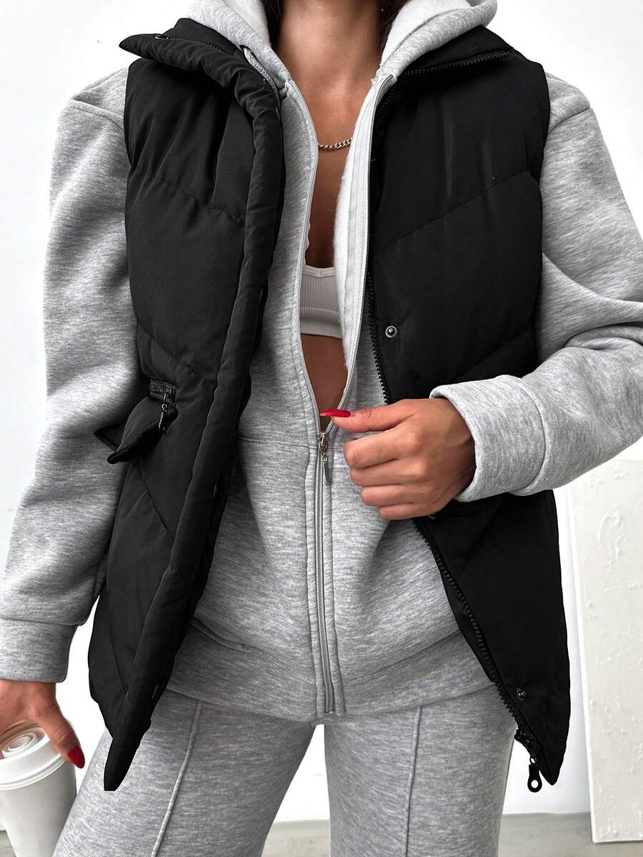 RueChic Túi có nắp Dây kéo Áo khoác Vest Puffer - màu đen - Xem 1