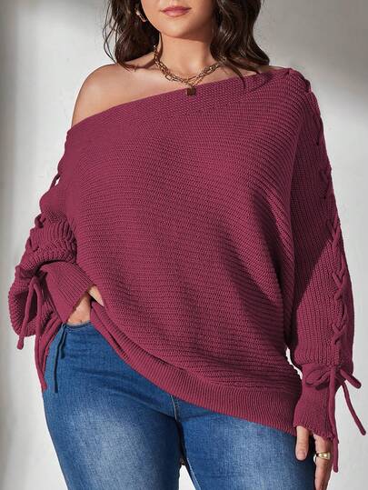 Elenzga Suéter de hombros descubiertos con cordón en unicolor, multicolor, talla grande