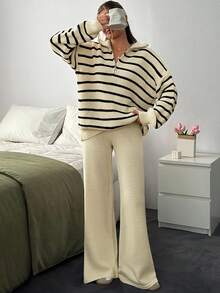 EURMUSE CLARA VERO 休闲半拉链领口撞色条纹落肩舒适毛衣和阔腿纯色高腰针织裤两件套针织套装适合秋冬女装 - 黑與白 - 查看 5