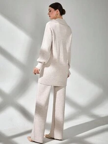 CLARA VERO Half Buttoned Casual Sweater, Drop Shoulder & Knitted Pants Womens Two Piece Knit Set Ribbed Two Piece Set Comfortable Two Piece Set Knit Two Piece Set Co Ords Sets Women Womens Two Piece Outfits,Winter Clothes - Cream - View 6