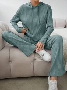 Conjunto De Camiseta Con Capucha Y Pantalón Con Cordón Para Mujer