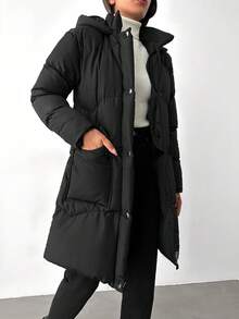 EURMUSE Flap Pocket Hooded Puffer Coat - Black - View 4