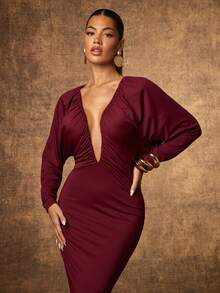 Hauture Sexy Deep V Neck Plum Knit Maxi Dress – Night Out & Party Dress For Going Out & Holiday - Red - View 4