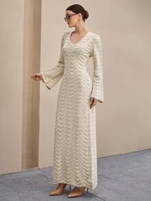 CLARA VERO Women Solid Color Irregular Stripe Deep V-Neck Flair Sleeve Maxi Sweater Dress  Beige Knit Maxi Dress,Petite - Beige - View 3