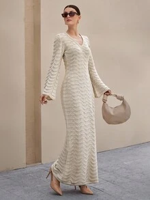 CLARA VERO Women Solid Color Irregular Stripe Deep V-Neck Flair Sleeve Maxi Sweater Dress  Beige Knit Maxi Dress,Petite - Beige - View 5