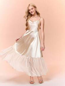 Teenage Girls' Apricot Satin & Mesh Long Sleeve Bow Dress, Casual Elegant Waist Cinched Dress For Autumn/Winter Ball - Apricot - View 6