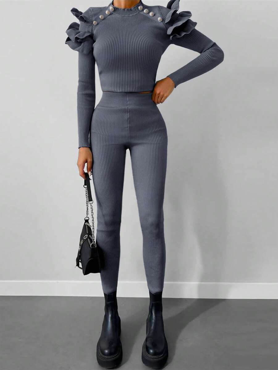 EURMUSE Ruffle Trim Button Detail Sweater & Knit Pants - Dark Grey - View 1