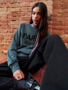 Nöista Dusty Blue Paris-Print Sweatshirt For Women,Relaxed Fit Dropped Shoulders Ribbed Cuffs,Autumn Streetwear Casual School Back-To-School Cozy Winter Top - Dark Grey - View 6